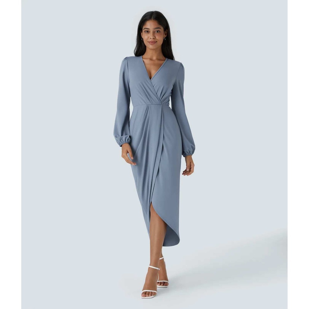 Halara Wrap Tulip Hem Midi Dress NWT Womens Large Blue Long Sleeve V-Neck Draped